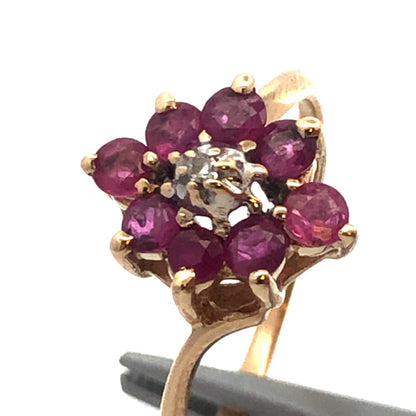 Designer 10K Yellow Gold Round Ruby Diamond Oval Cocktail Ring