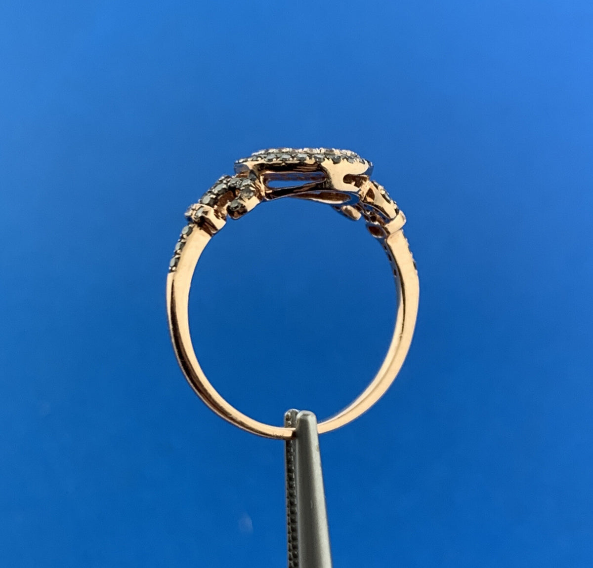 Designer 14K Rose Gold White Mocha Pave Diamond Fleur De Lis Pear Ring