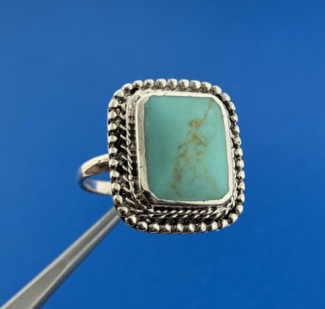 Designer NF 925 Sterling Silver Green Turquoise Rectangle Statement Ring