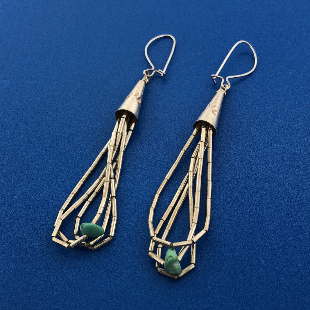 Native American 925 Liquid Sterling Silver Turquoise Bead Drop Dangle Earrings