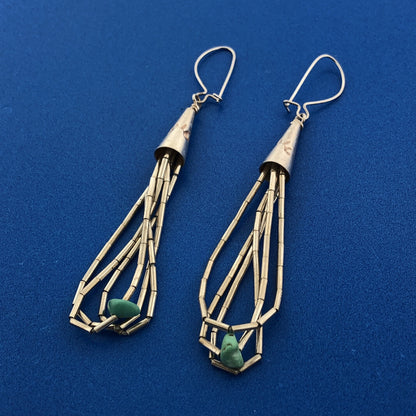 Native American 925 Liquid Sterling Silver Turquoise Bead Drop Dangle Earrings