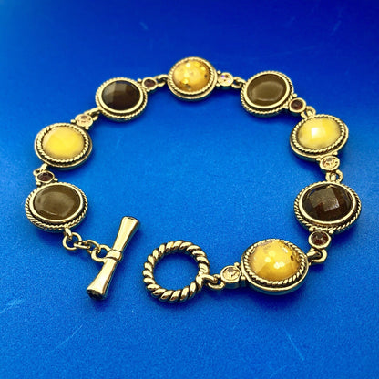 Ladies Gold Tone Brown Gold Amber Fauceted Resin Bead Panel Toggle Bracelet
