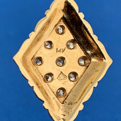 Vintage 14K Yellow Gold Diamond Cluster Black Enamel Dangle Drop Pendant