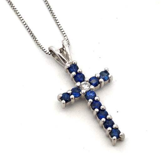 Designer 14K White Gold Blue Sapphire Diamond Pave Cross Pendant Necklace