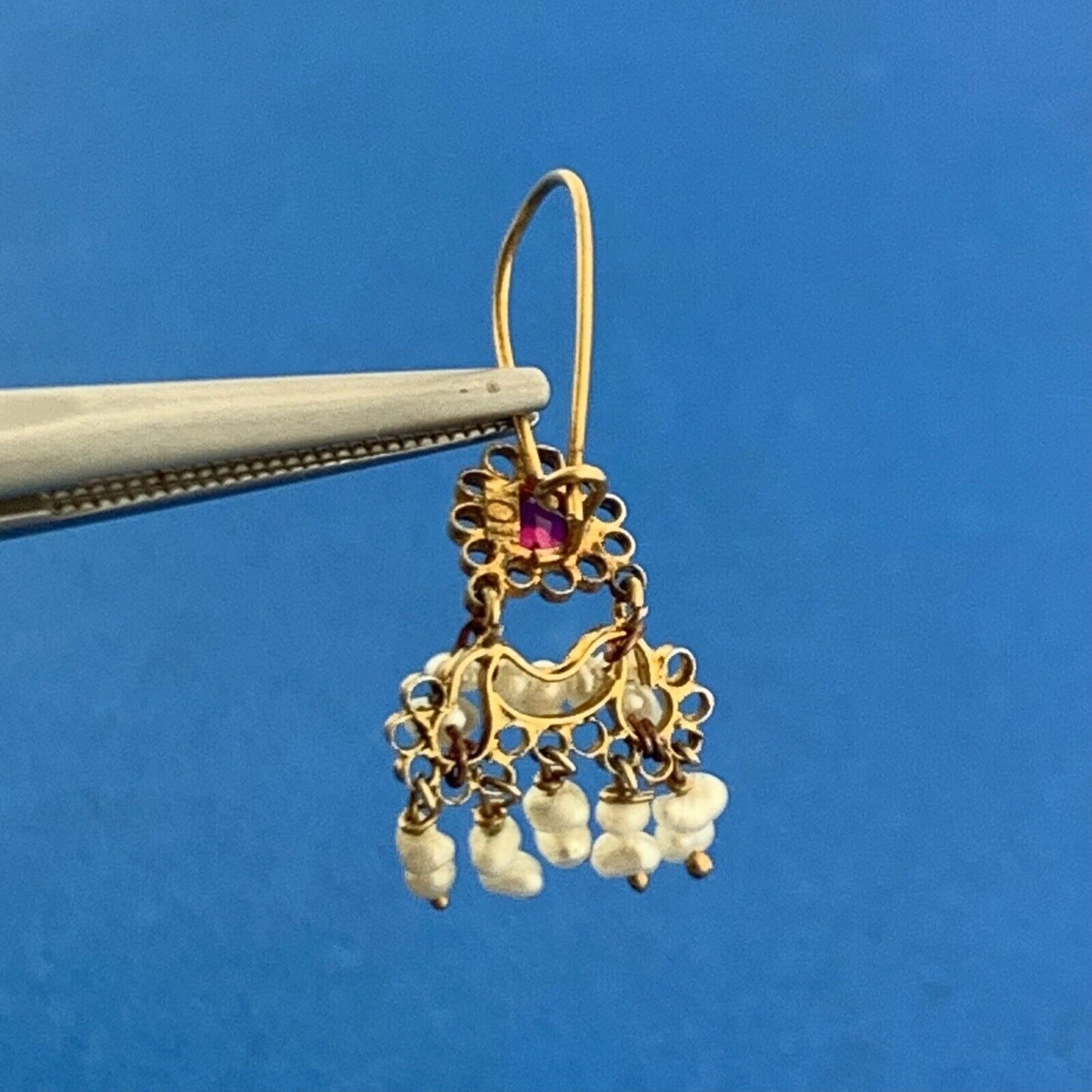 Antique 10K Yellow Gold Garnet Seed Pearl January Anniversary Dangle Earrings