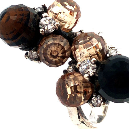 Vintage 925 Sterling Silver Faceted Brown White Cubic Zirconia Ball Cluster Ring