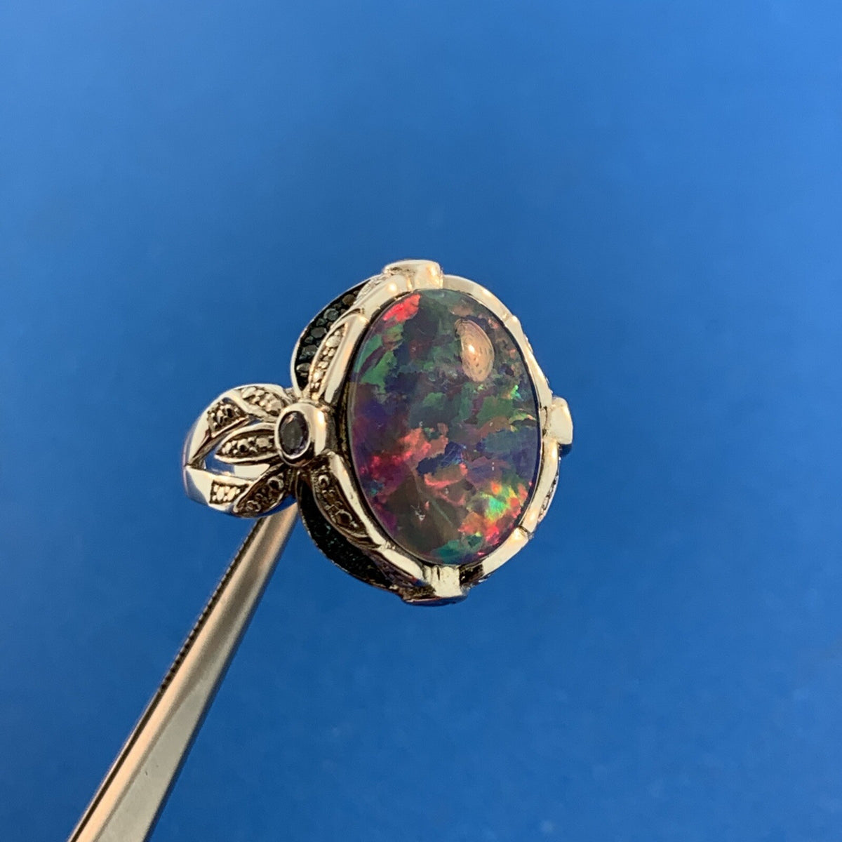 Designer 925 Sterling Silver Opal Doublet Amethyst Blue Diamond Accented Ring