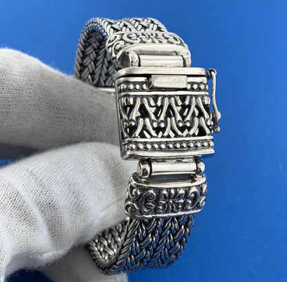 Designer Sterling Silver Mabe Pearl Cabochon Balinese Style Statement Bracelet