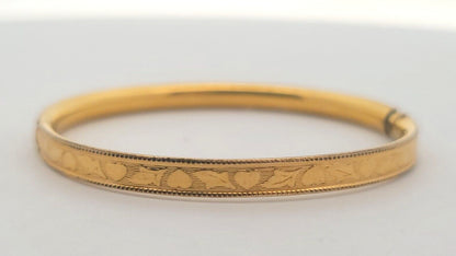 Vintage 12K Yellow Gold Filled Engraved Floral Heart Child Bangle Bracelet