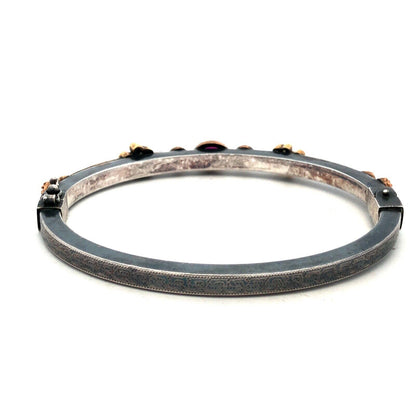 Vintage 925 Sterling Silver Ruby Emerald White Amethyst Hinged Bangle Bracelet