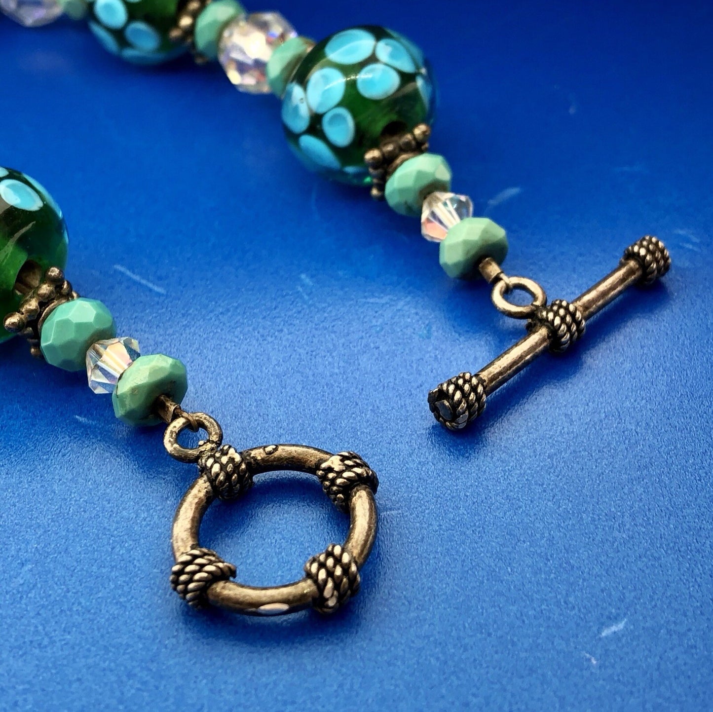 Vintage 925 Sterling Silver Turquoise Art Glass Crystal Bead Toggle Bracelet