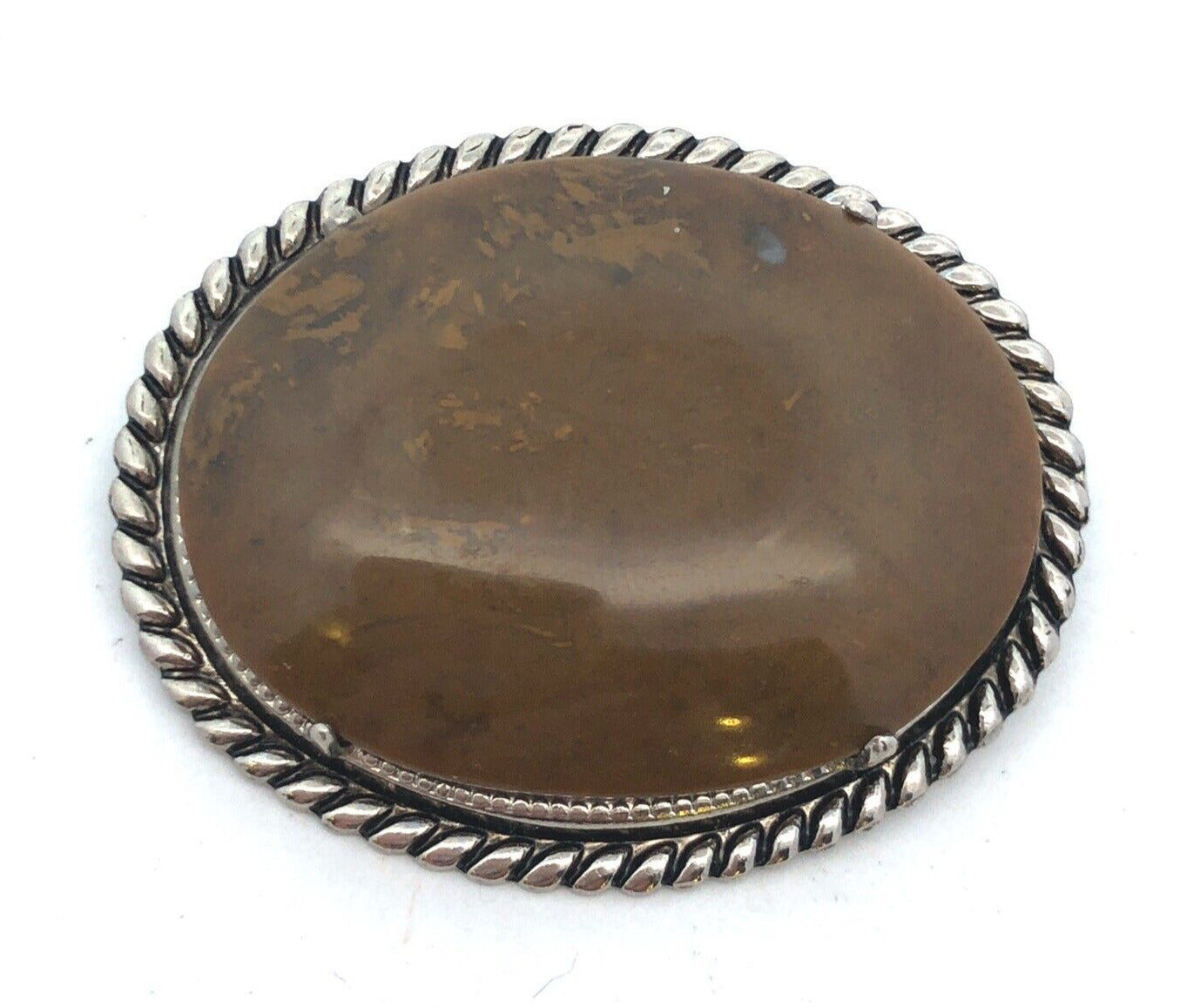 Vintage Southwest Silver Tone Petrified Wood Cabochon Brooch Earrings 3 Pc Set