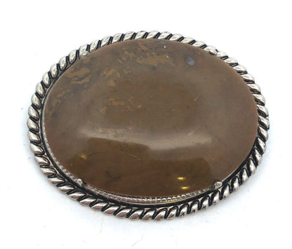Vintage Southwest Silver Tone Petrified Wood Cabochon Brooch Earrings 3 Pc Set