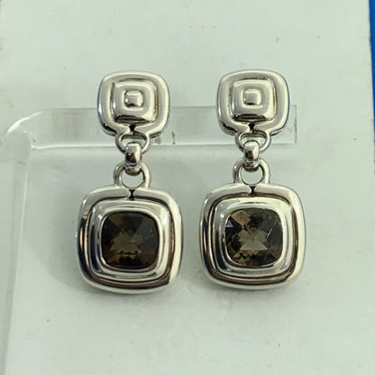 John Hardy 925 Sterling Silver Cushion Cut Smoky Quartz Dangle Drop Earrings