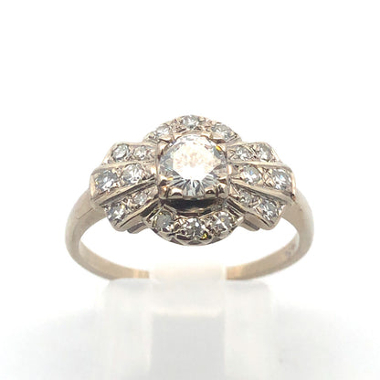 Art Deco 14K White Gold Diamond Solitaire with Accents Wedding Engagement Ring