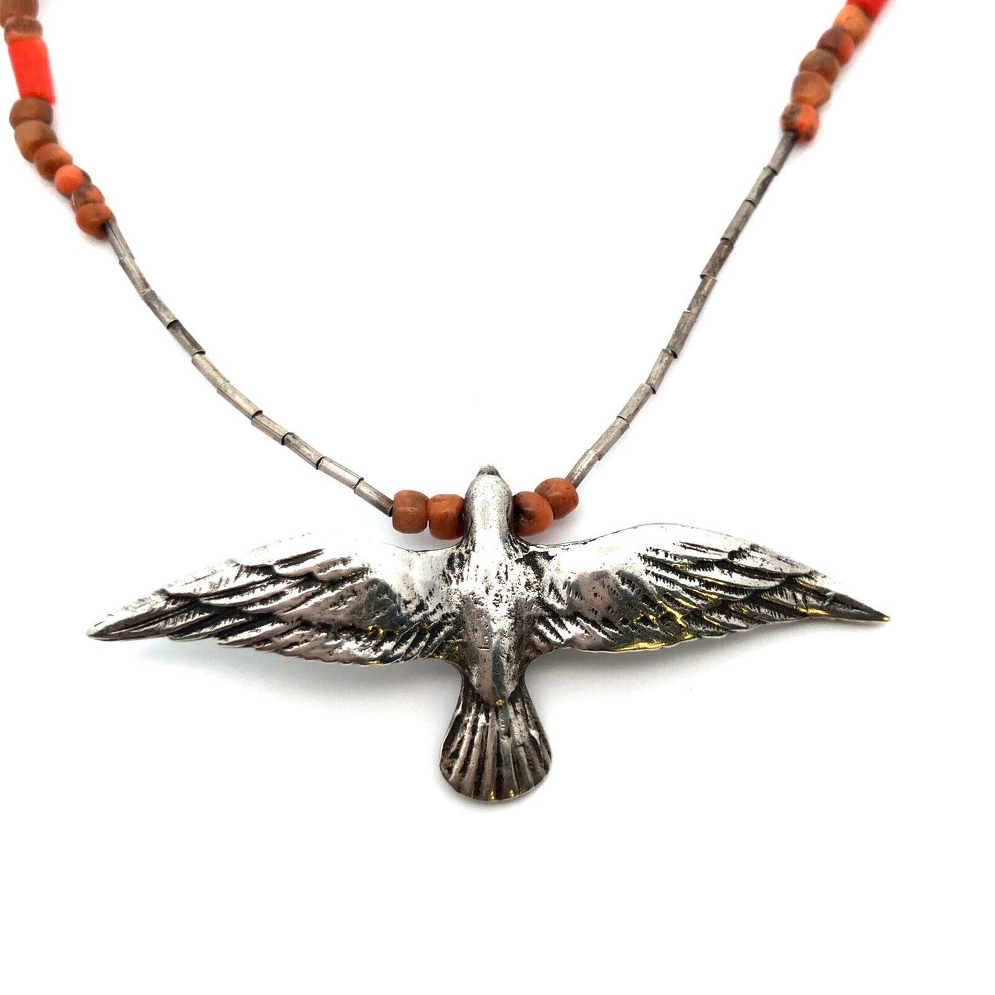 Unsigned Native American Sterling Silver Coral Bead Flying Bird Eagle Necklace