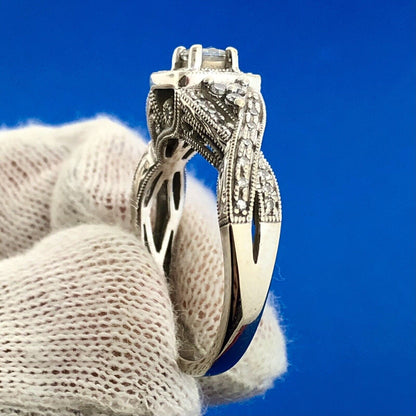 Designer 14K White Gold Diamond Princess Solitaire Halo Accented Engagement Ring