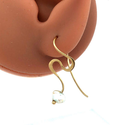 Estate 14K Yellow Gold Pearl Swirl Dangle Drop Modernist Hook Earrings