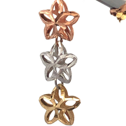 Retro Italy 14K White Yellow Rose Gold Three Star Diamond Cut Pendant Necklace