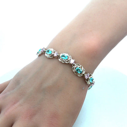 Designer HAN 925 Sterling Silver Oval Blue CZ Round Pink CZ Tennis Bracelet