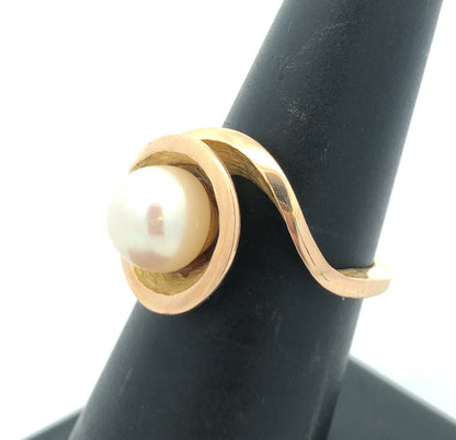Modernist 14K Yellow Gold Pearl Ruby Accent Statement Cocktail Ring