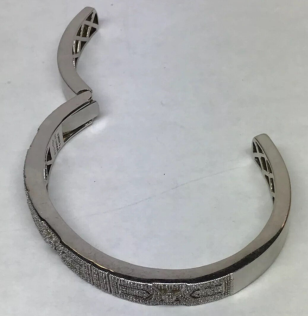 Designer Sterling Silver 925 Diamond Filigree Open Work Hinged Cuff Bracelet