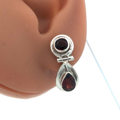 Vintage 925 Sterling Silver Round Bezel Pear Garnet Dangle Drop Stud Earrings