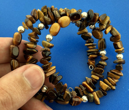 Sterling Silver Tigers Eye Bead Protection Three Wrap Flex Bracelet