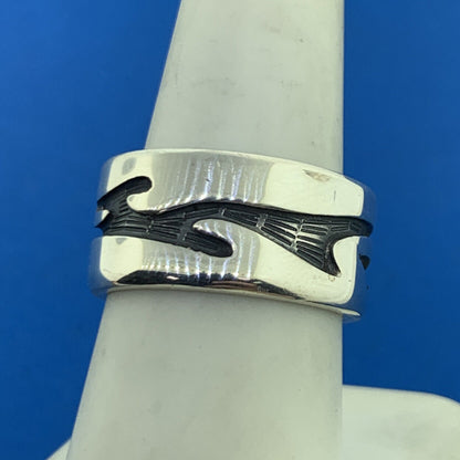 Vintage Mexico 925 Sterling Silver Modernist Storyteller Wide Cigar Band Ring
