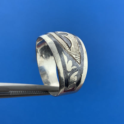 Vintage 925 Sterling Silver Niello Floral Design Statement Cigar Band Ring