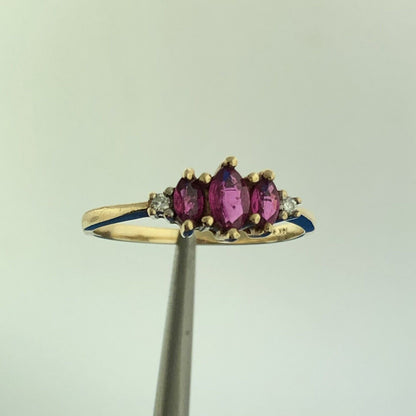 Vintage 14K Yellow Gold Marquise Ruby Trio Diamond Accent July Anniversary Ring