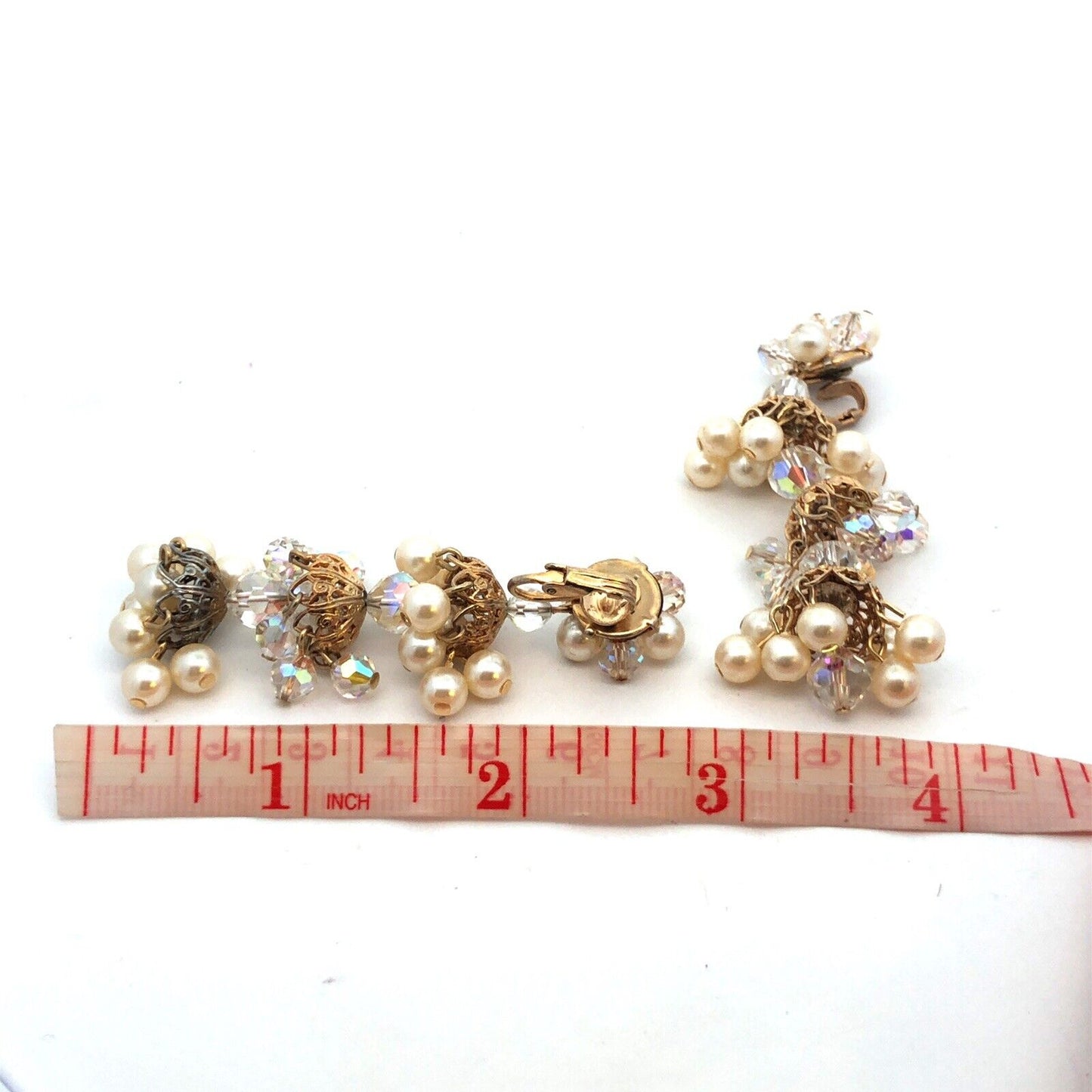 Vintage Gold Tone Faux Pearl Crystal Bead Statement Chandelier Clip On Earrings