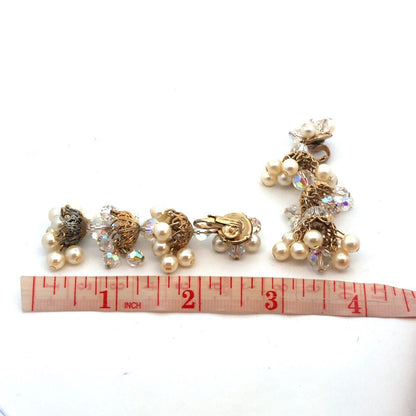 Vintage Gold Tone Faux Pearl Crystal Bead Statement Chandelier Clip On Earrings