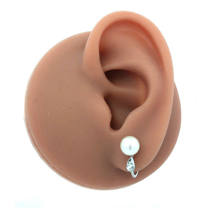Estate 14K White Gold Round White Pearl Diamond Accent Screw Clip-on Earrings