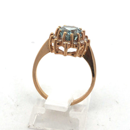 14K Yellow Gold Blue Topaz Diamond Halo December Birthday Occasion Cocktail Ring