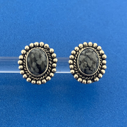 925 Sterling Silver Black White Snowflake Obsidian Oval Stud Earrings