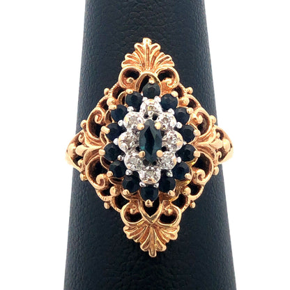 Designer 10K Yellow Gold Blue Sapphire Diamond Sapphire Accent Cocktail Ring