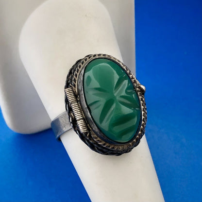 Lovely Sterling Silver 925 Onyx Colored Glass Snuff Poison Pill Adjustable Ring