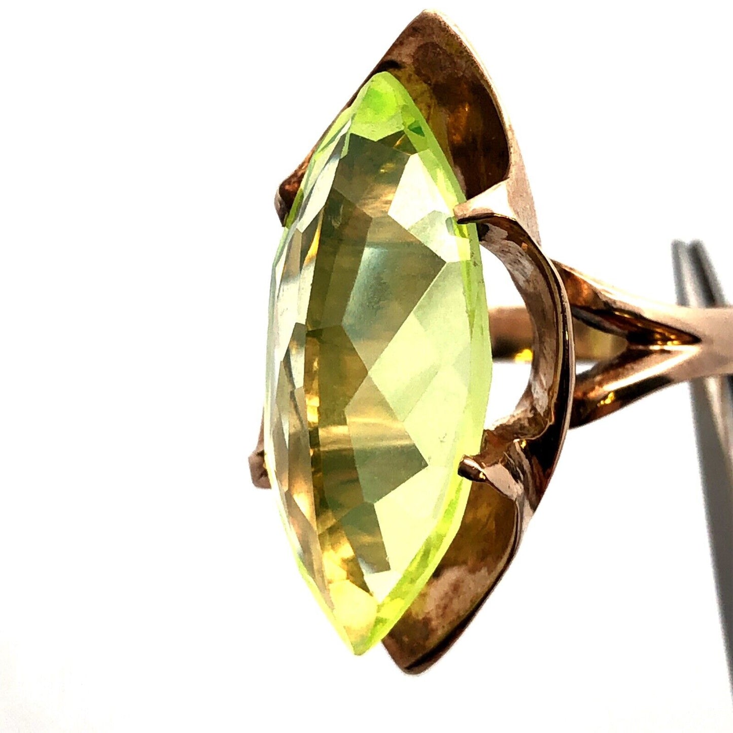 Vintage Custom 14K Yellow Gold Cushion Marquise Green Peridot Statement Ring