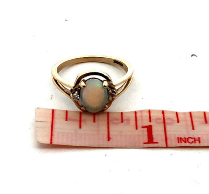 Designer JCE 10K Yellow Gold Oval White Opal Diamond October Birthstone Ring