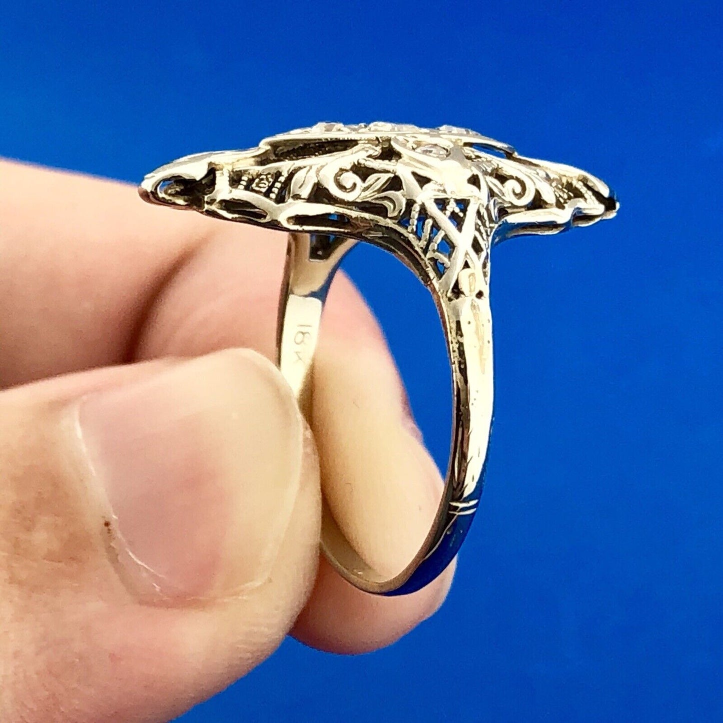 Art Nouveau Art Deco 18K White Gold Diamond Filigree Statement Finger Ring