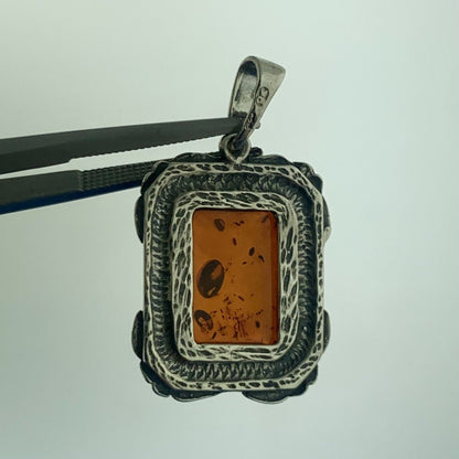 Vintage Designer 925 Sterling Silver Amber Floral Design Rectangle Pendant