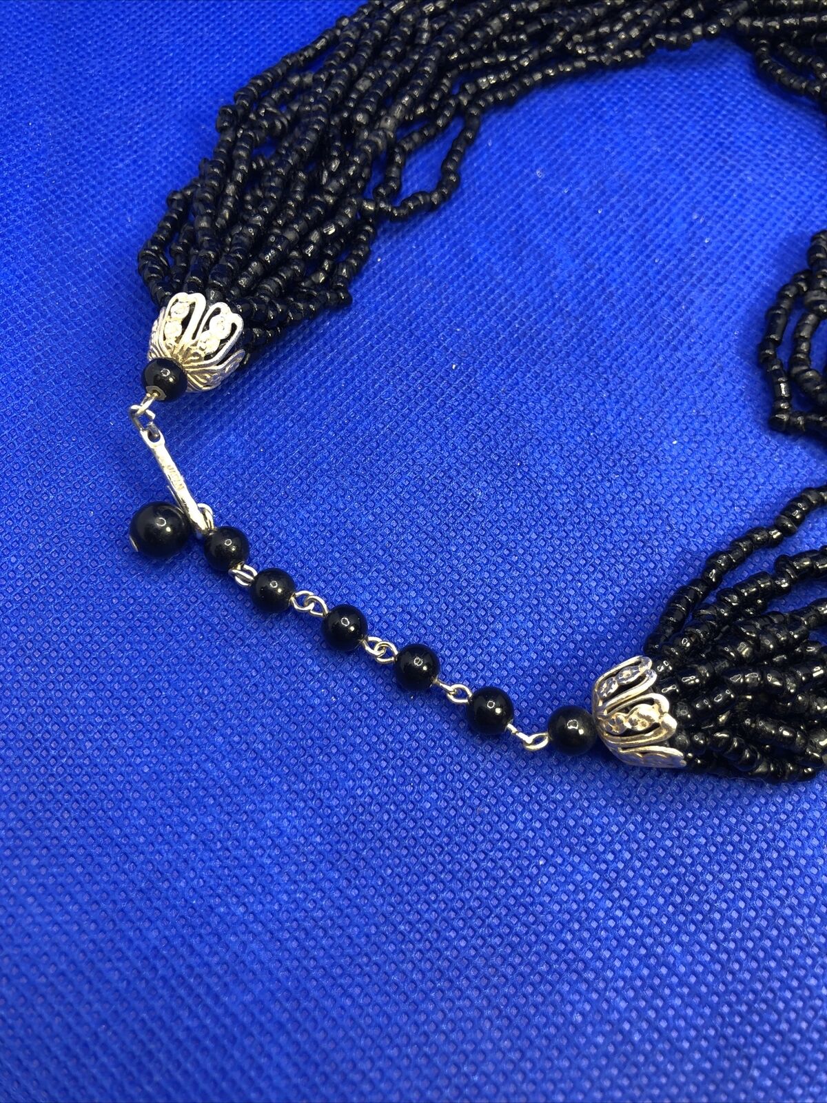Mid Century Japan Silver Tone Jet Seed Bead Multi Strand Statement Necklace