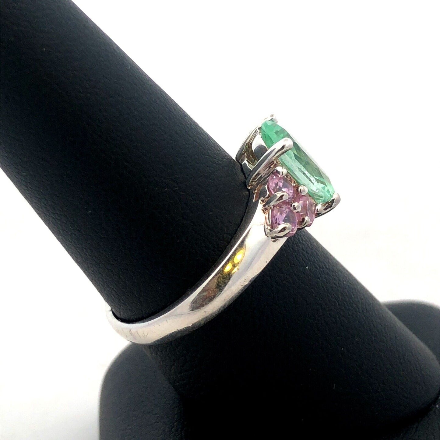 Designer HAN 925 Sterling Silver Oval Seyfoam Green Pink CZ Accent Cocktail Ring