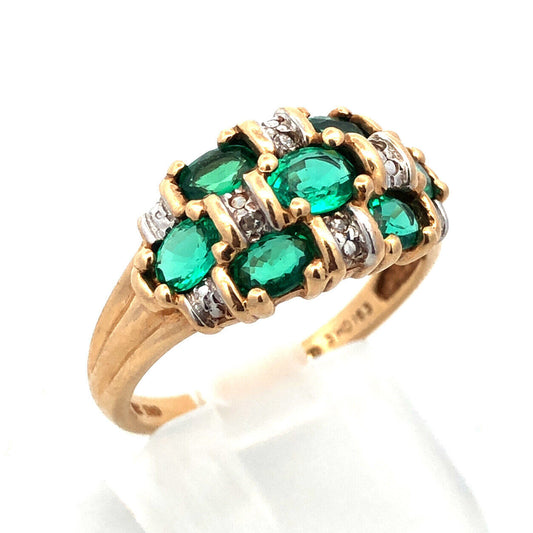 Designer 14K Yellow Gold Oval Emerald Diamond Accented Dome Cocktail Ring
