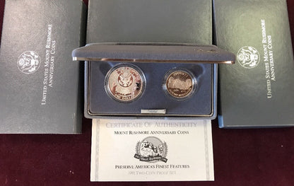 1991 S Mount Rushmore Anniversary 2 Coin 90% Silver Clad Proof Set OGP/COA