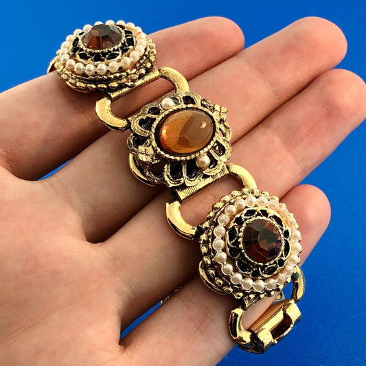 Vintage Gold Tone Seed Pearl Amber Glass Black Enamel Statement Panel Bracelet