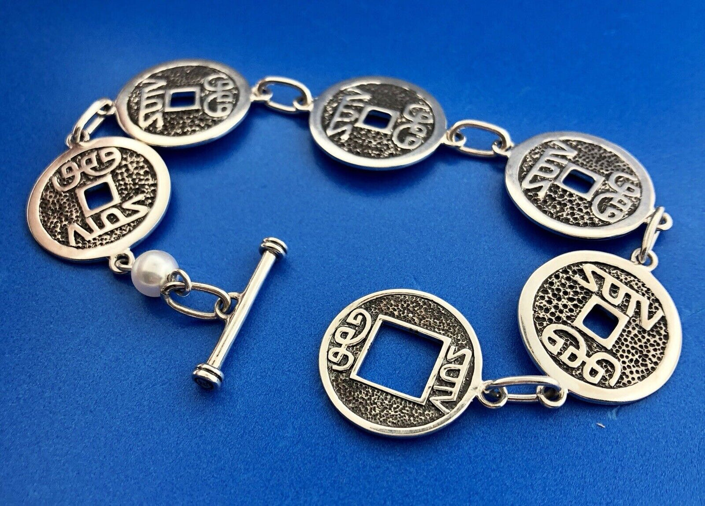Designer Sterling Silver 925 Chinese Character Disc Panel Link Toggle Bracelet