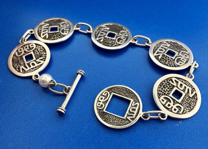 Designer Sterling Silver 925 Chinese Character Disc Panel Link Toggle Bracelet