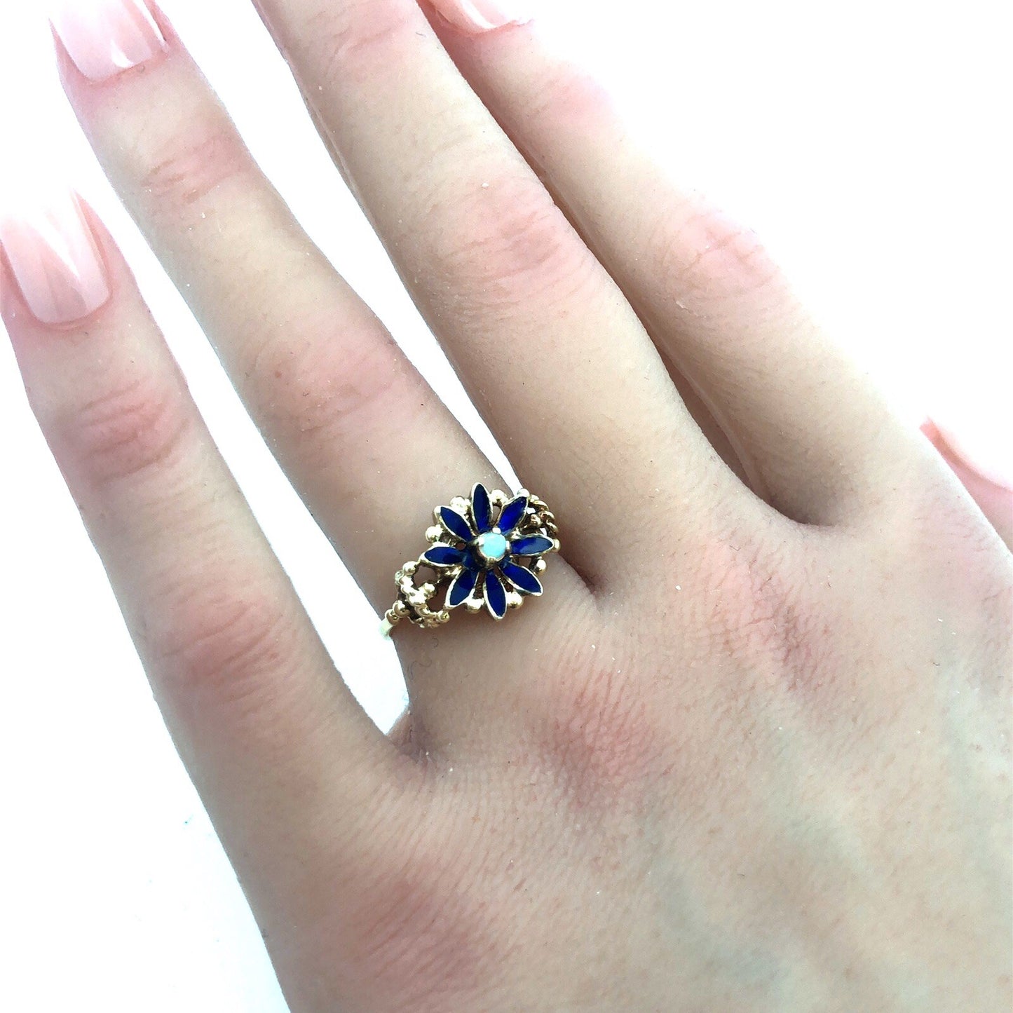 Vintage 14k Yellow Gold Opal and Blue Enamel Flower Ring